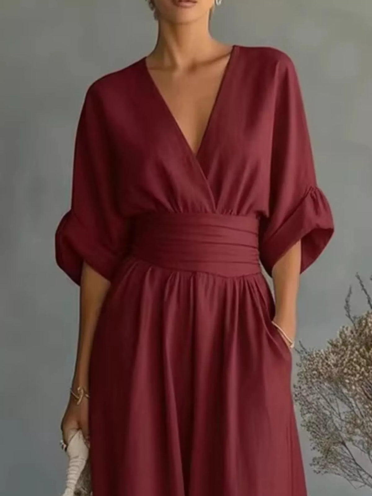 Wine red plus size jumpsuit with V-neck, draped half sleeves, gathered waist, wide-leg