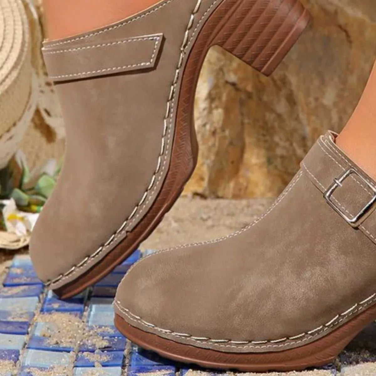 Brown suede-look heeled sandals with round toe, side buckle strap, chunky block heel
