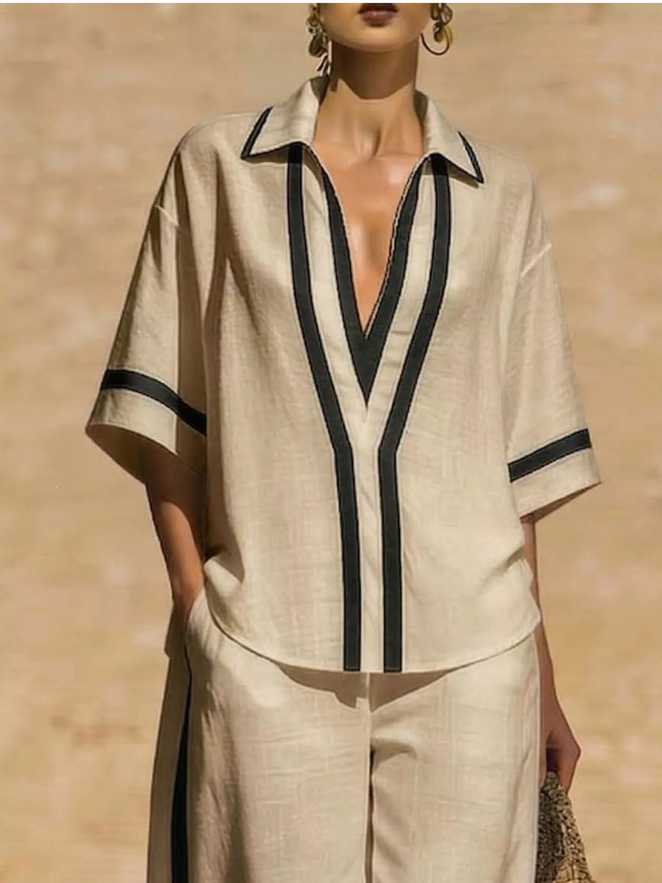 Plus-size contrast-trim short-sleeve top and matching pants set, beige-khaki with dark trim