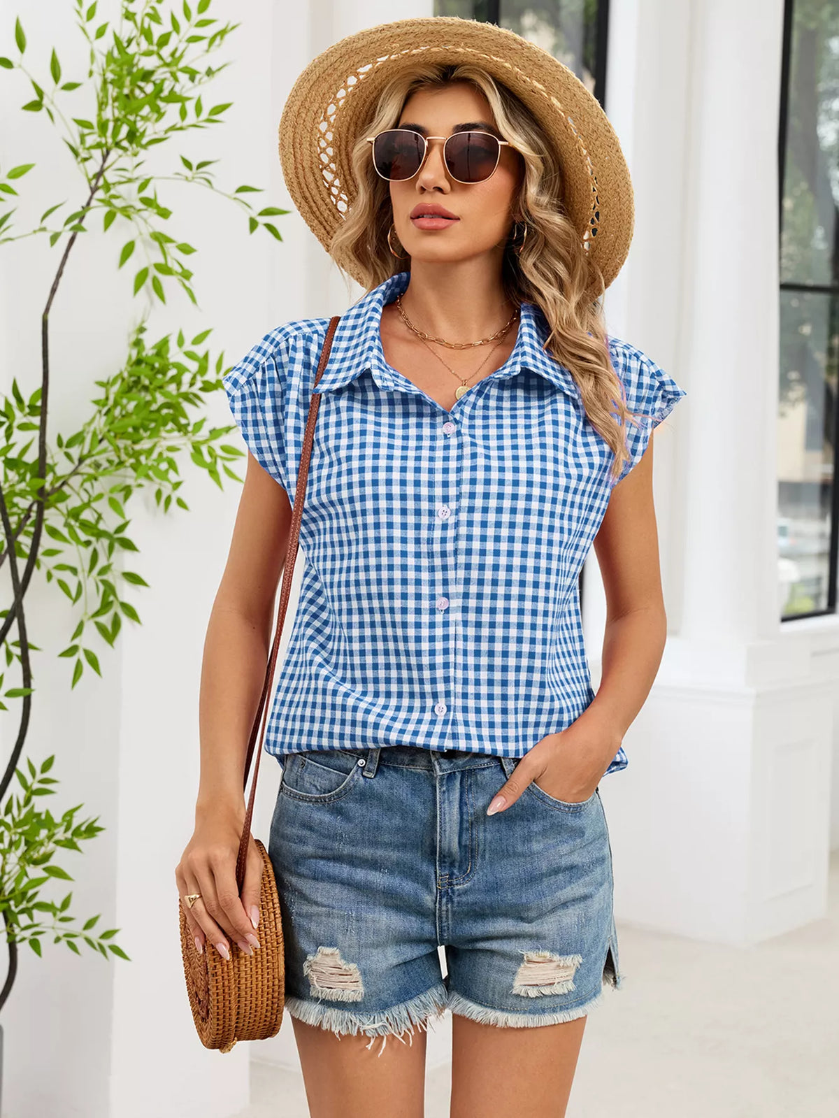 Blue-and-white plaid cap-sleeve button-up shirt with collar and short sleeves