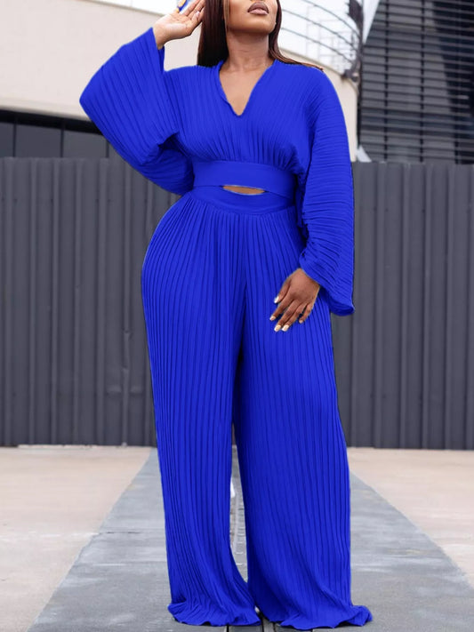 Royal blue pleated crop top and wide-leg pants set, front view with long sleeves