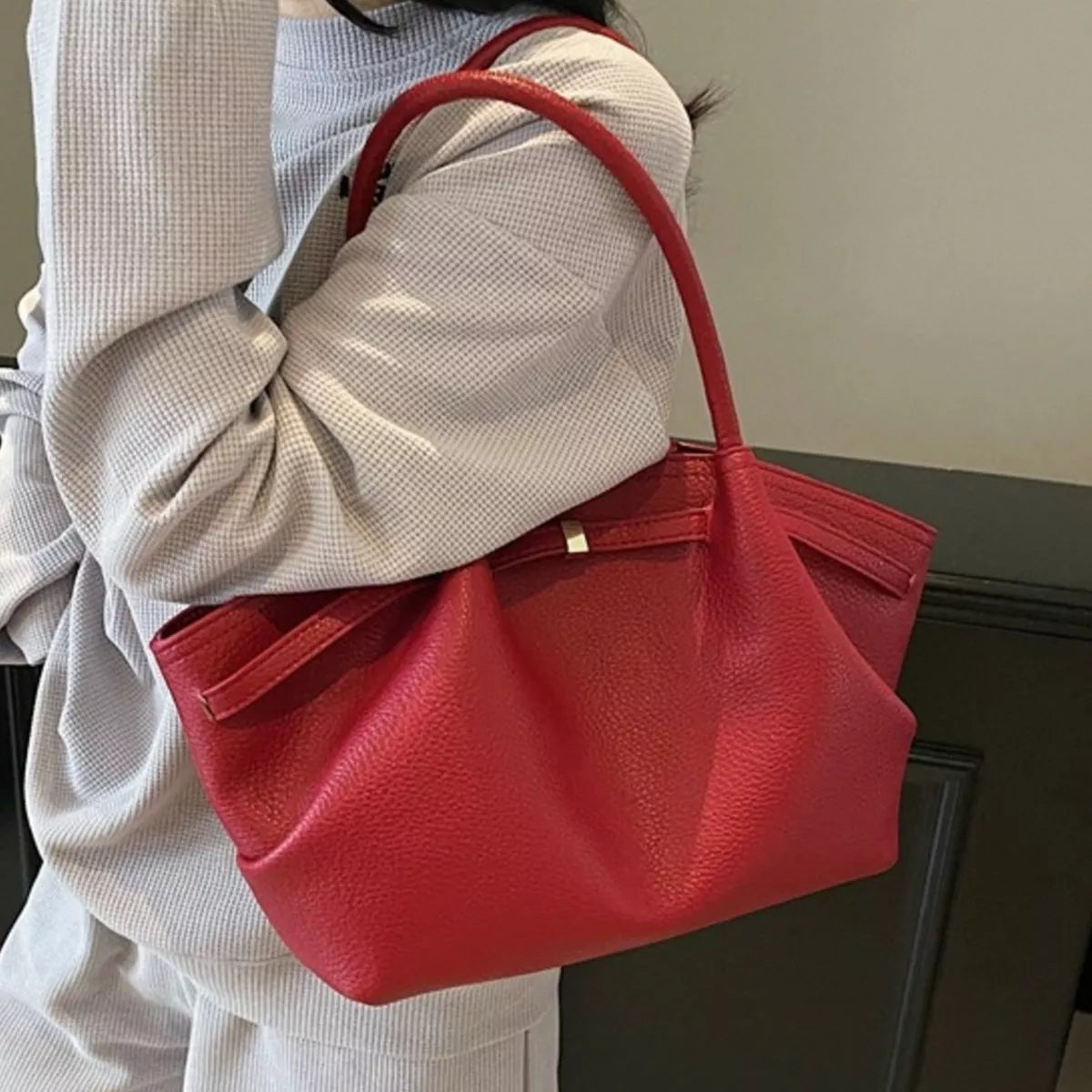 Red PU leather shoulder bag with front pocket and short shoulder strap handles