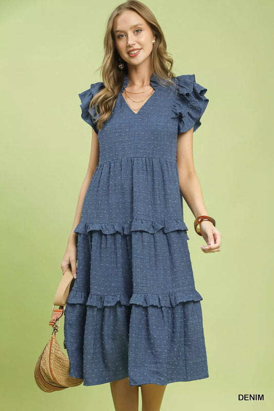 Denim textured tiered midi dress with ruffle sleeves and layered skirt