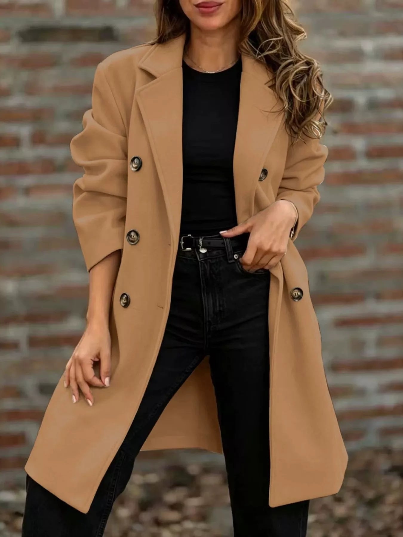Double-breasted lapel coat in tan with gold buttons and relaxed long silhouette