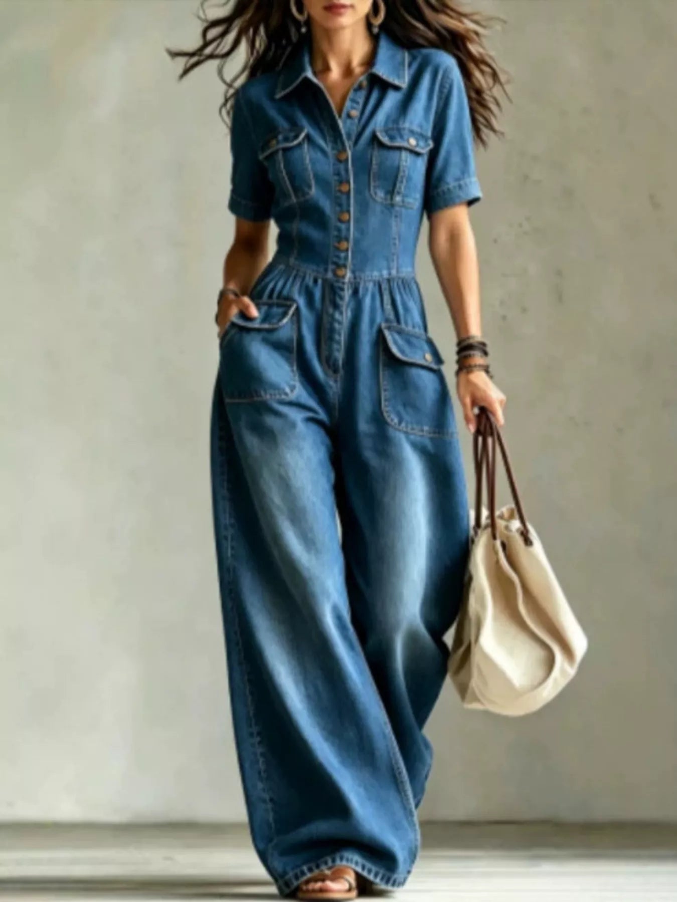 Dark blue denim wide-leg jumpsuit with chest pockets and short sleeves
