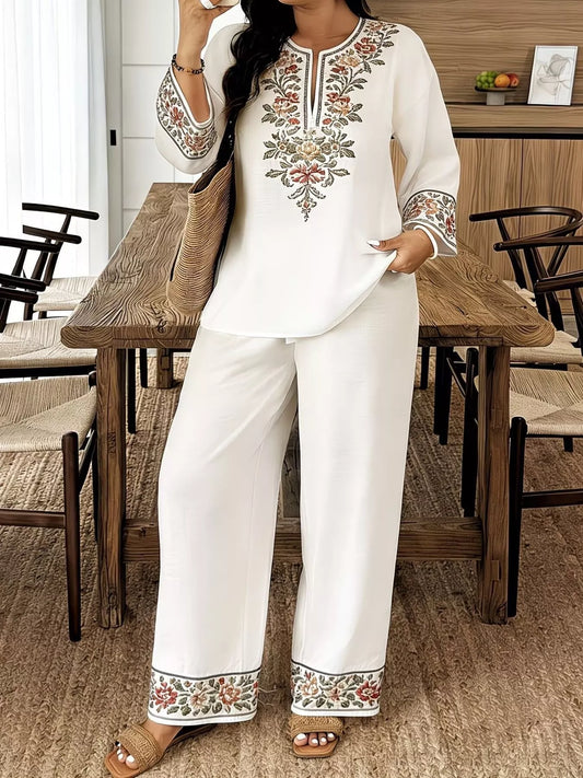 Cream embroidered long-sleeve top and wide-leg pants set with floral border trim