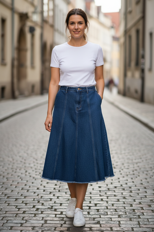 Dark blue denim A-line midi skirt with front button closure and belt loops