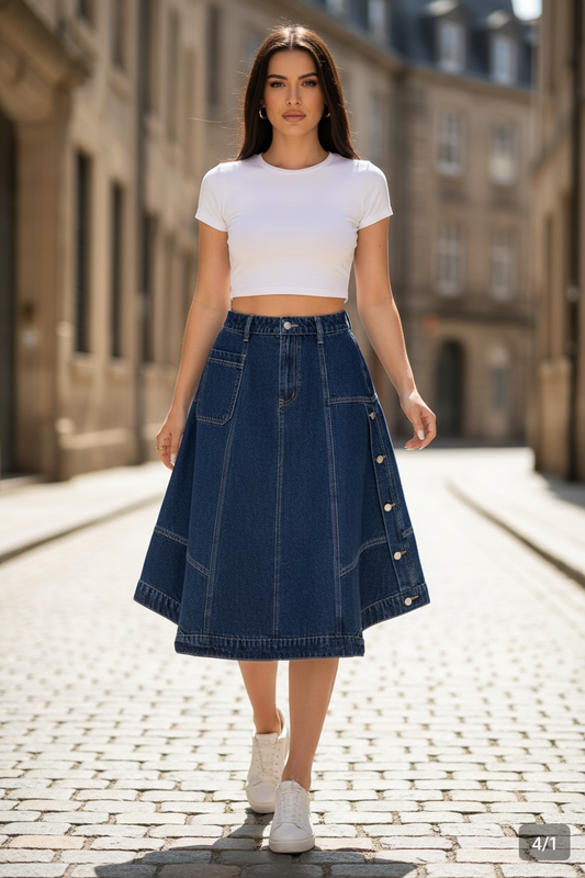 Dark blue denim A-line midi skirt with button side details and panel stitching