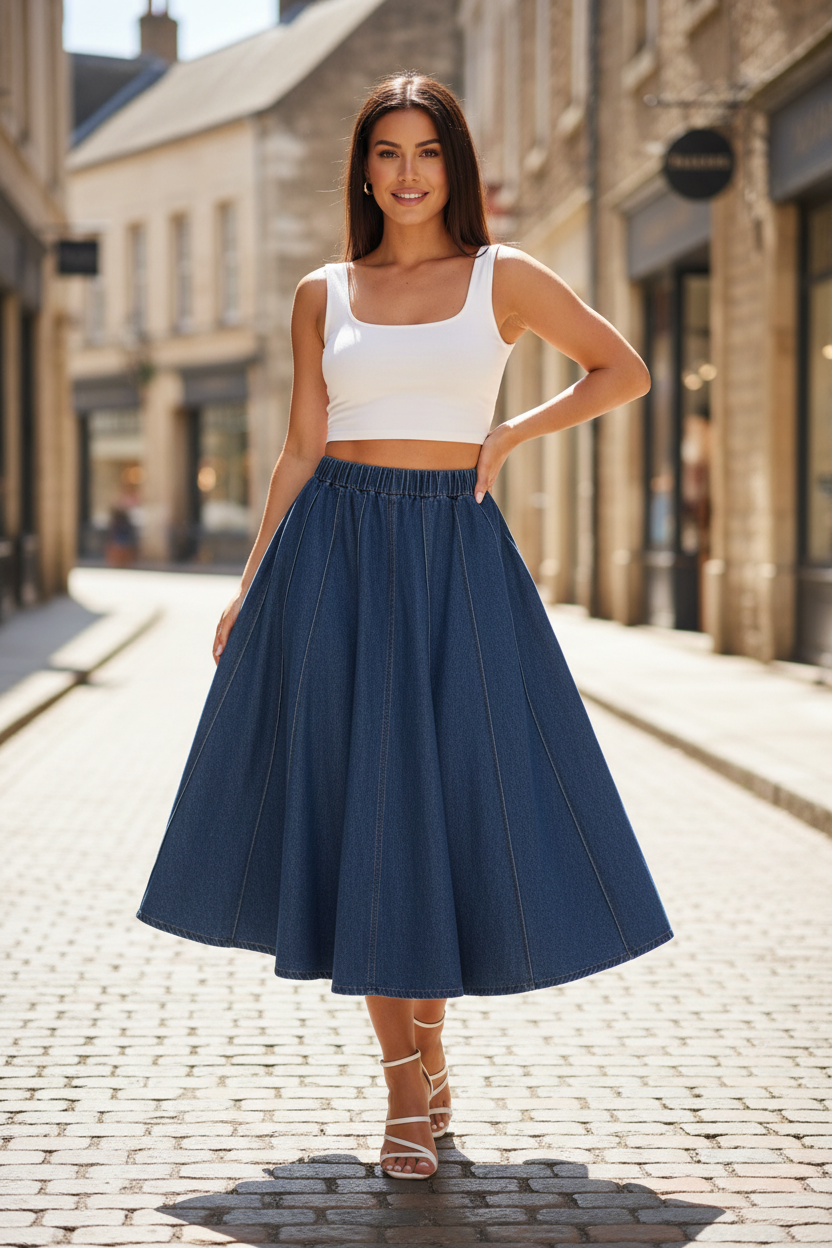Dark blue denim midi skirt with circle panels and gathered waistband