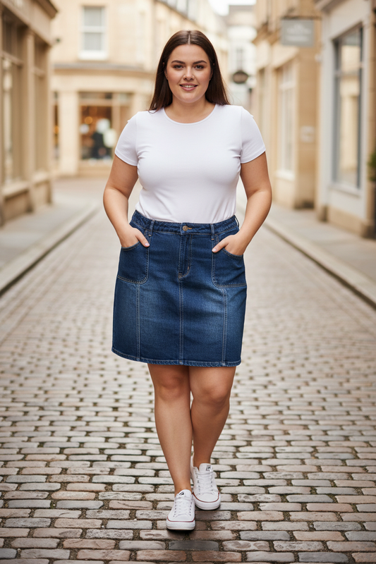 Dark blue denim mini skirt with patch pockets