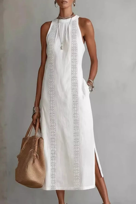 White sleeveless dress with vertical lace panel and side slit