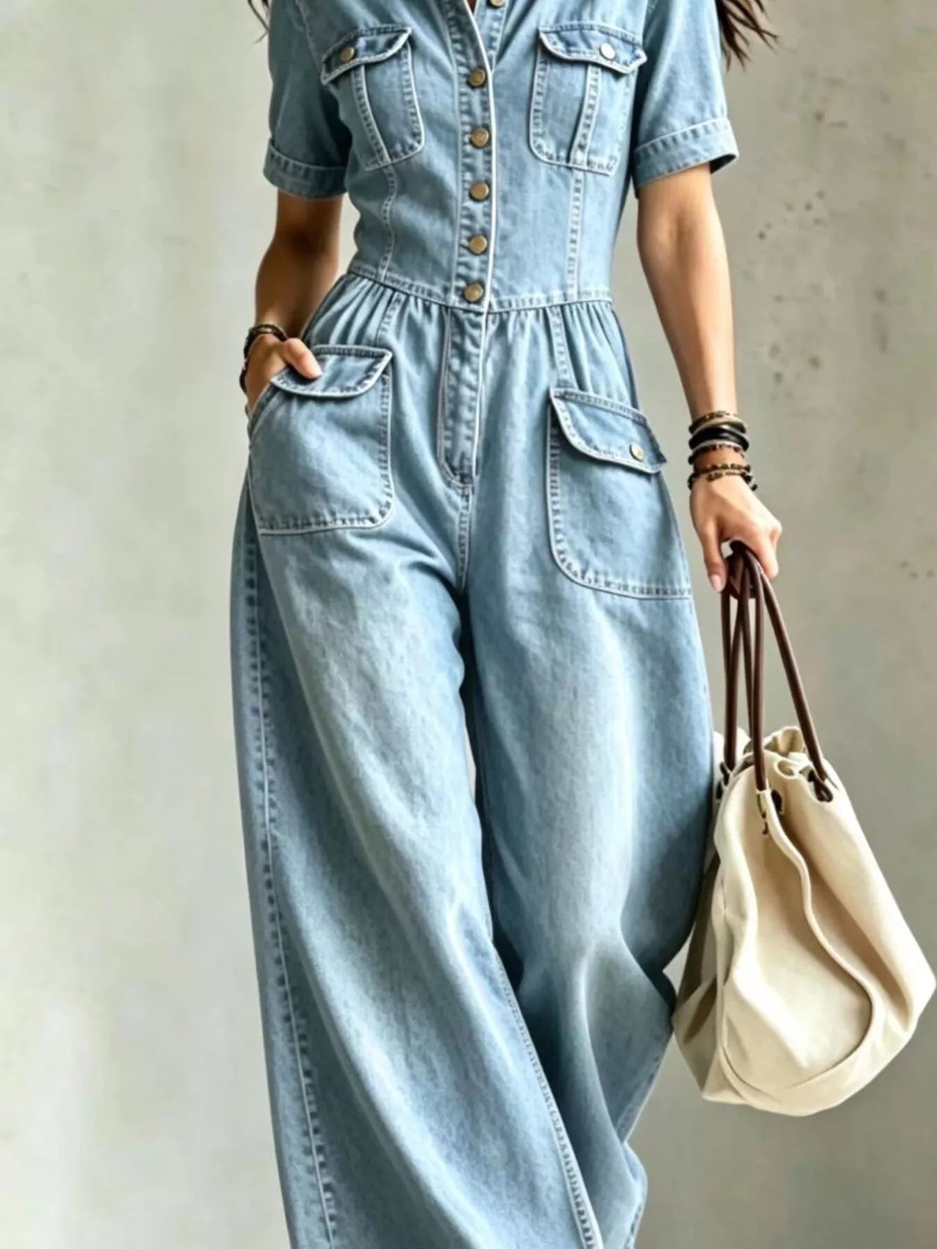 Light blue denim wide-leg jumpsuit with chest pockets and front button detail