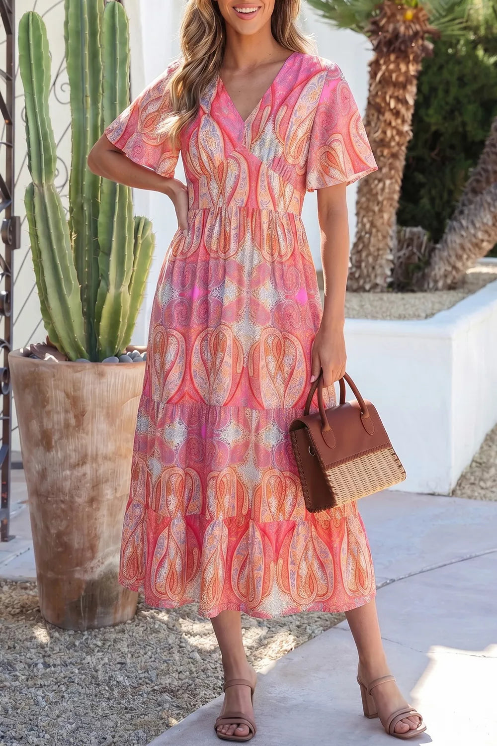 Burnt coral paisley V-neck boho dress with gathered waist and fluttery ruffle sleeves