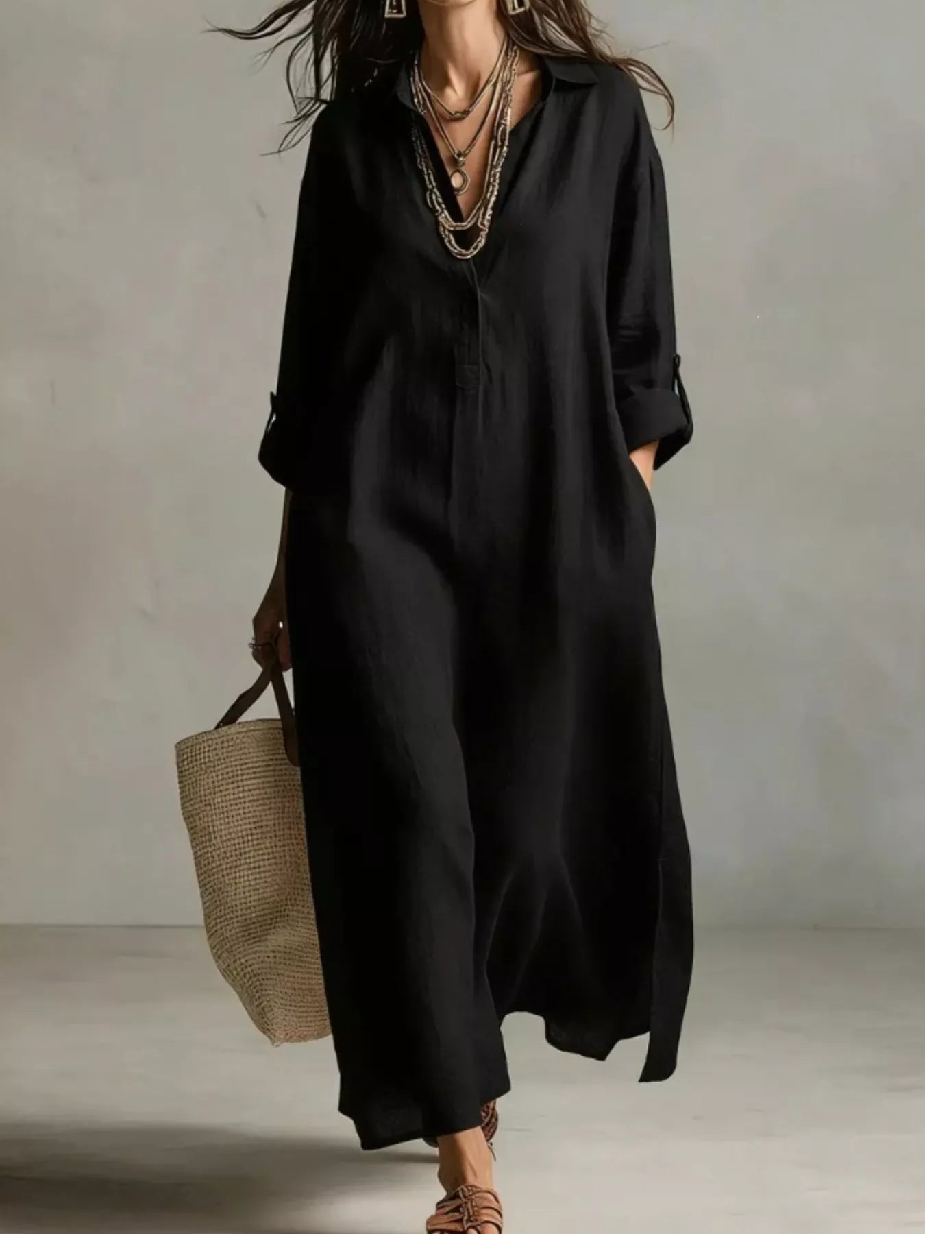 Black midi shirt dress with button front, V-neck, short sleeves and relaxed drape