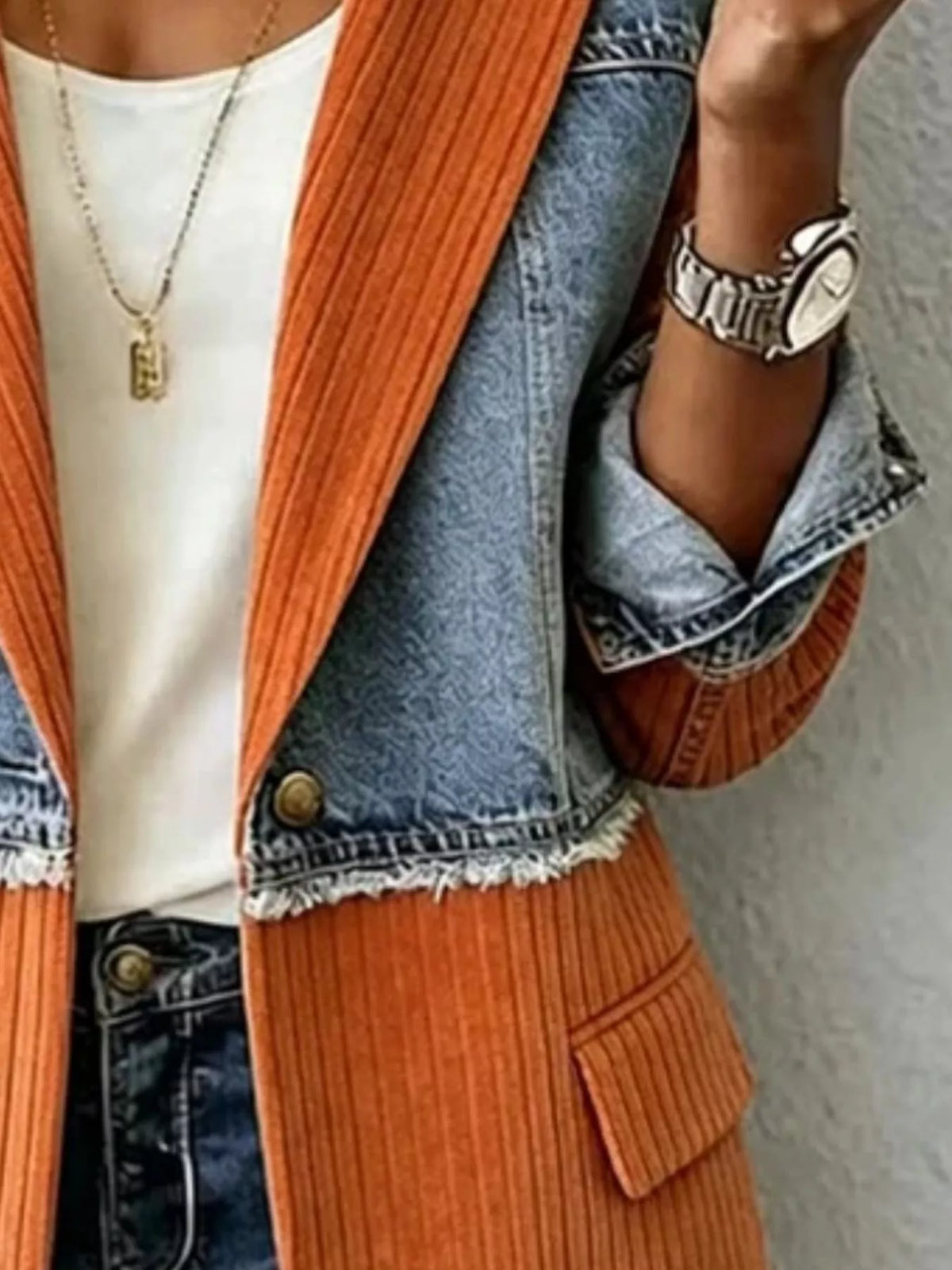 Orange ribbed denim blazer with front button and denim patch side panel