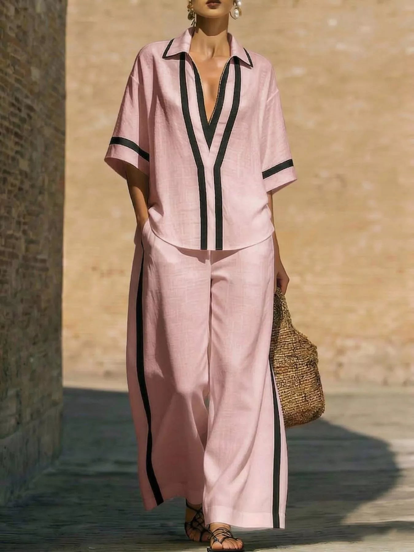 Plus-size contrast-trim top and pants set, pink with black-and-white V-neck contrast trim