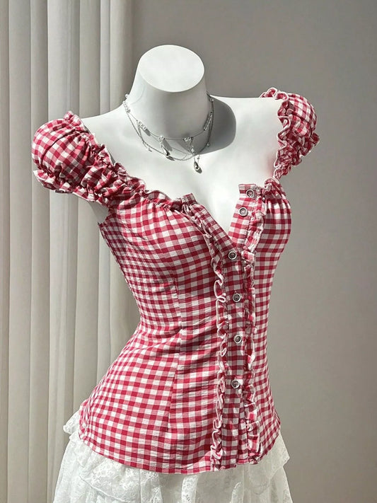 Red gingham frill cap sleeve blouse with button front and ruffled hem