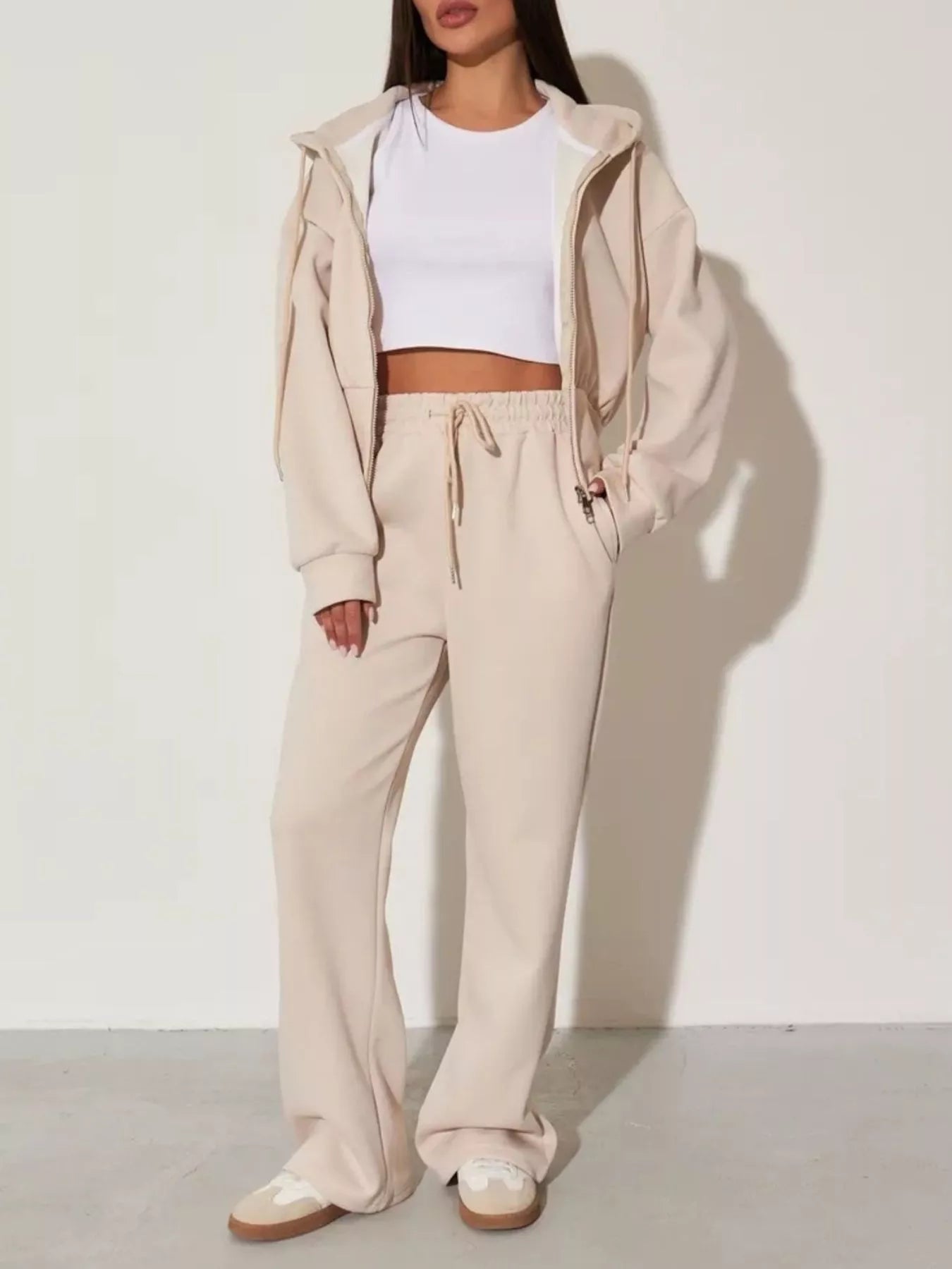 Light apricot zip-up hoodie and wide-leg pants set, open hood, front pouch pocket