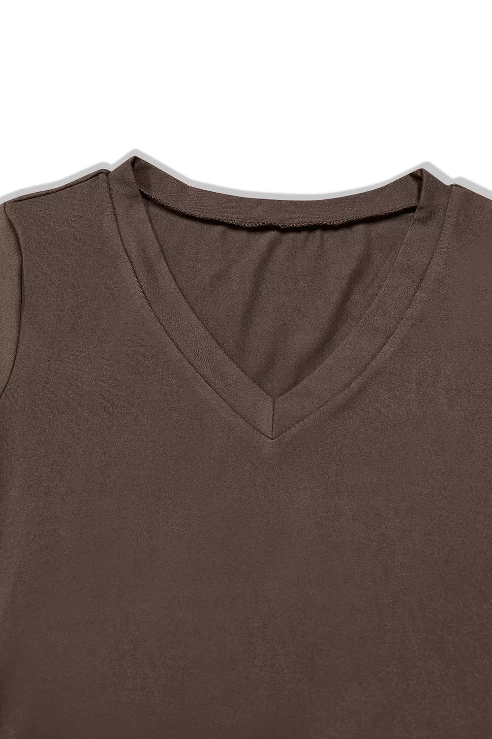 Coffee brown V-neck mini dress, fitted bodice, long sleeves