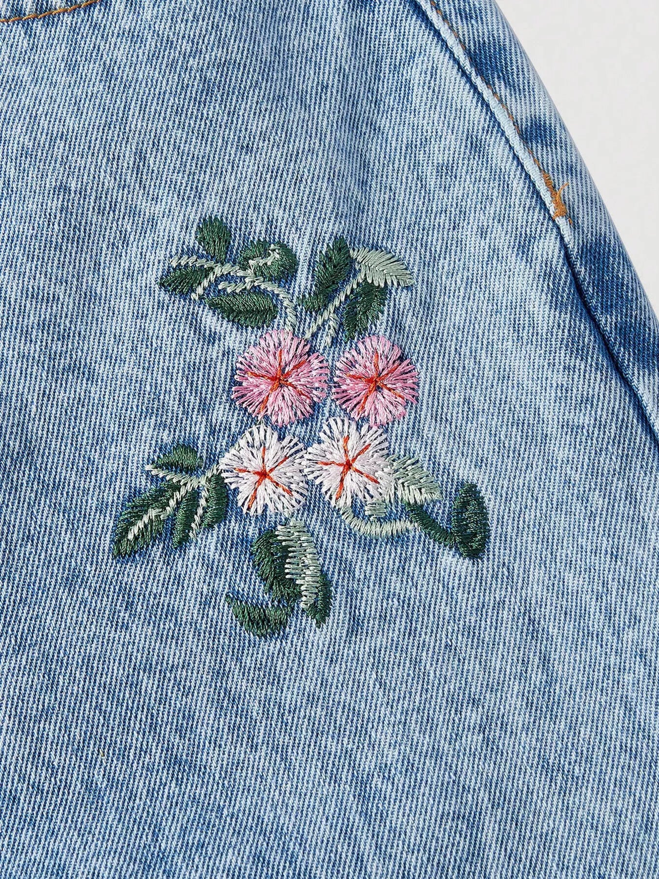 Light blue denim close-up: multicolor floral embroidery on jeans leg