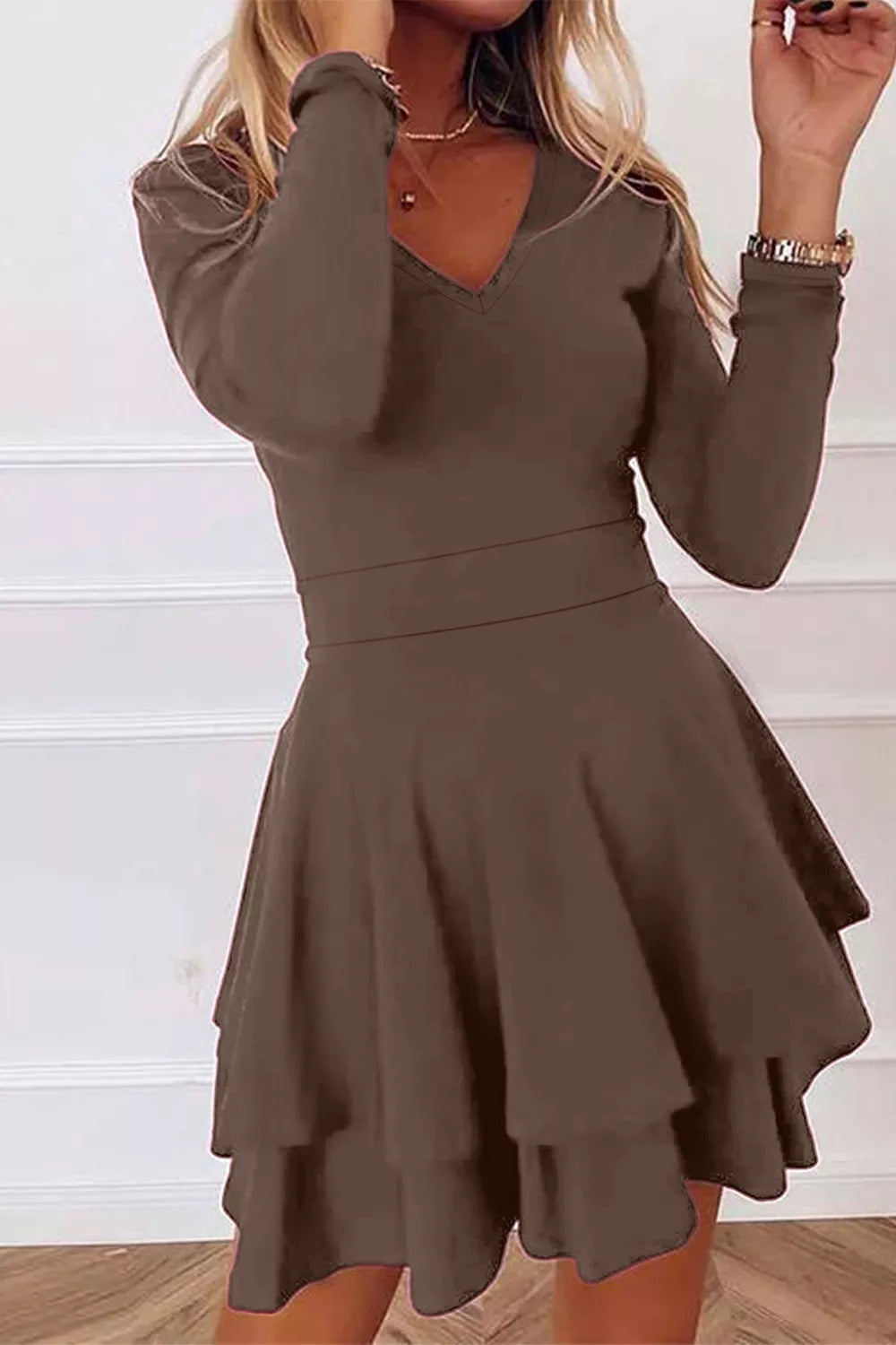 Coffee brown long-sleeve V-neck mini dress with tiered ruffle skirt
