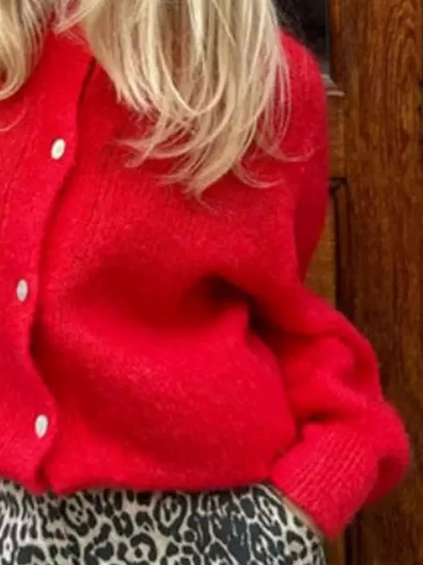 Red button-up long sleeve cardigan with button front and ribbed cuff