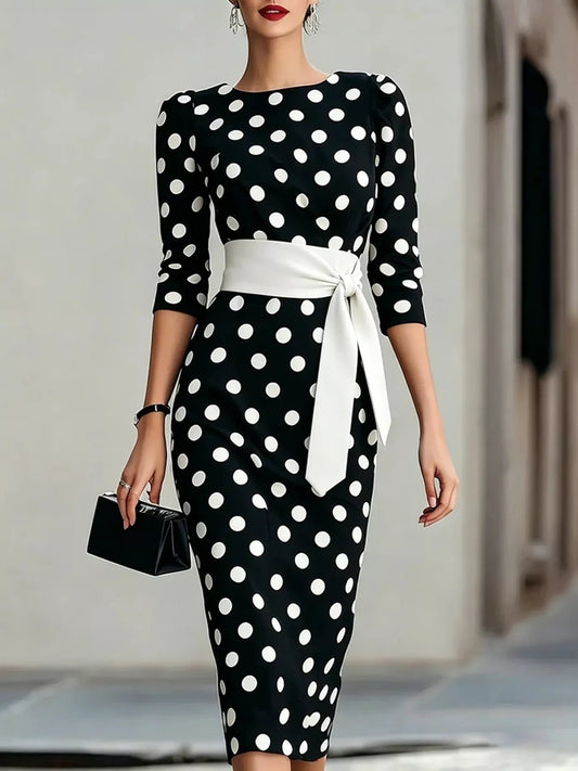 Black polka dot 3/4-sleeve midi wrap dress with waist tie, fitted pencil silhouette
