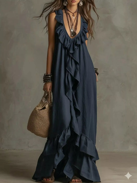 Ruffled sleeveless maxi dress in dark blue with tiered ruffle front