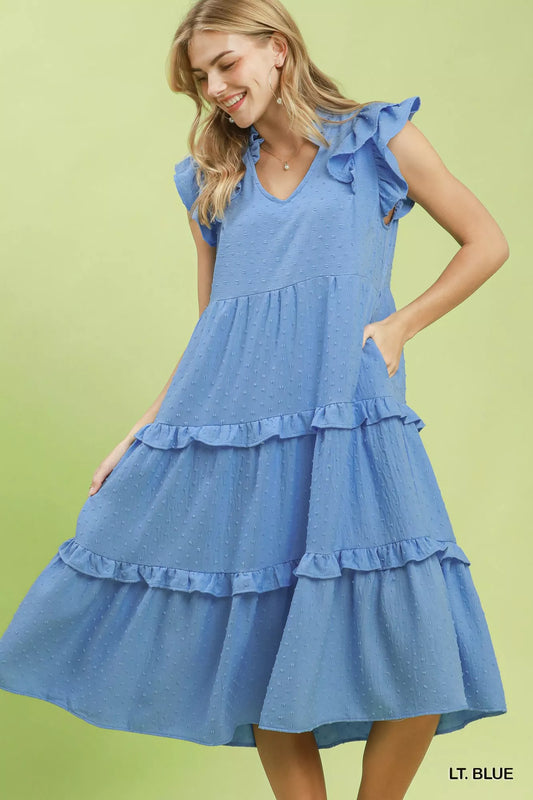 Light blue textured tiered midi dress with ruffle sleeves and layered skirt
