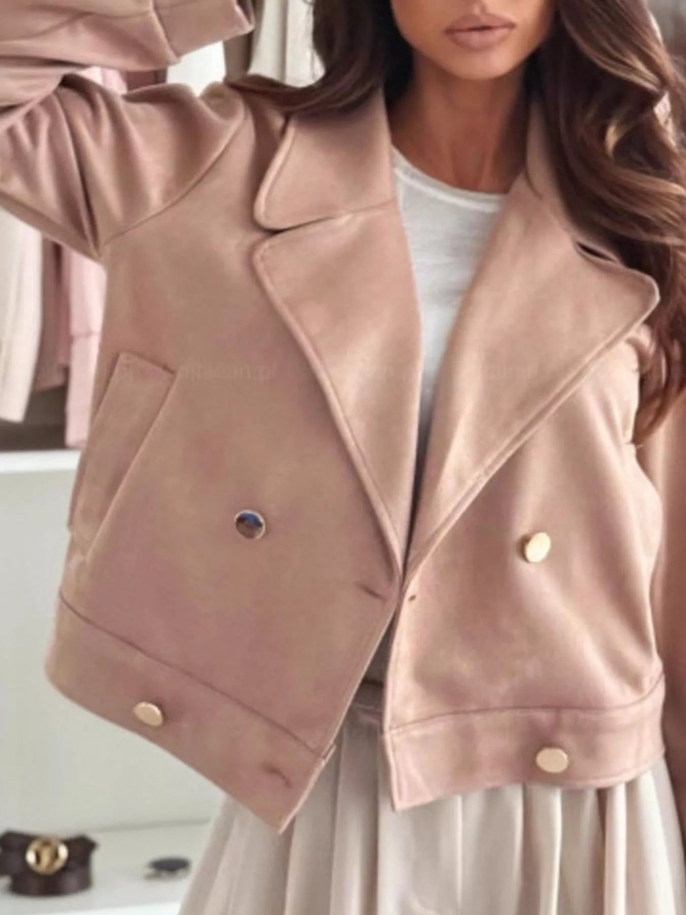 Dusty pink cropped double-breasted jacket with stand collar and gold button details