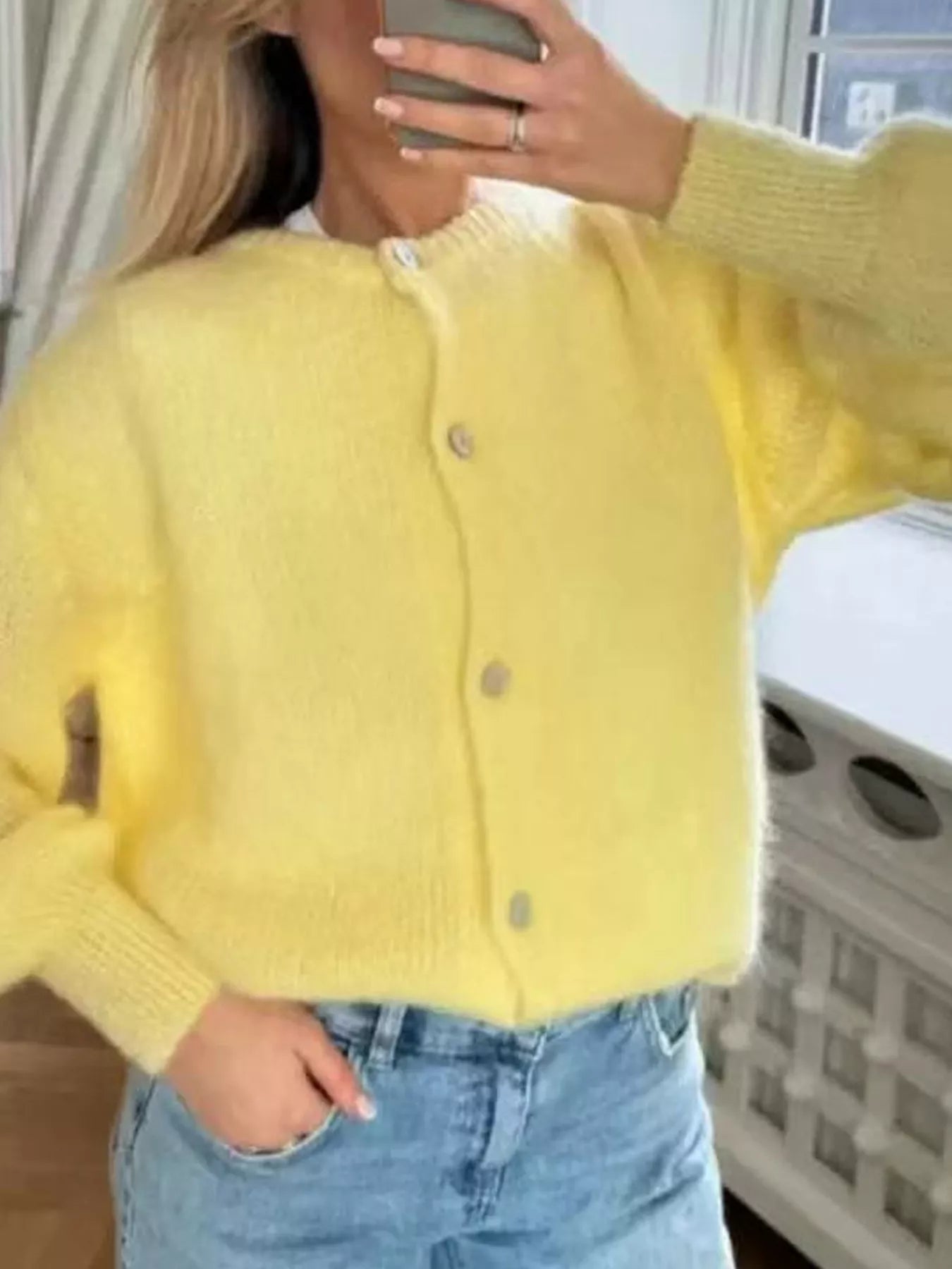 Yellow button-up short long-sleeve cardigan with front buttons and ribbed collar