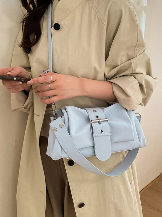Light blue buckle detail crossbody bag with front flap and adjustable strap