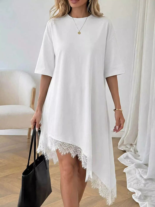 White lace-trim asymmetrical hem T-shirt dress with short sleeves and relaxed fit