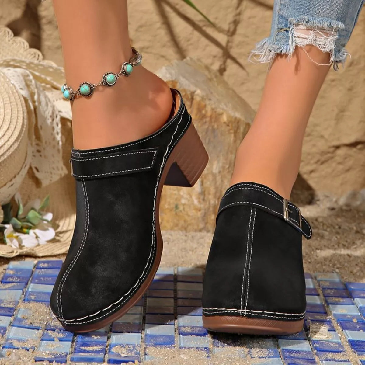 Black suede-look heeled sandals with round toe, side buckle strap, chunky block heel
