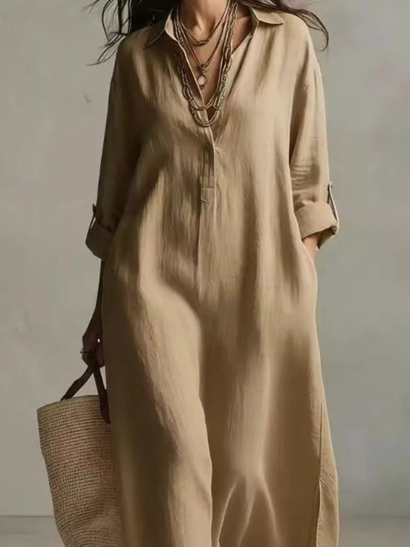 Khaki midi shirt dress with button front, V-neck, short sleeves, flowing silhouette