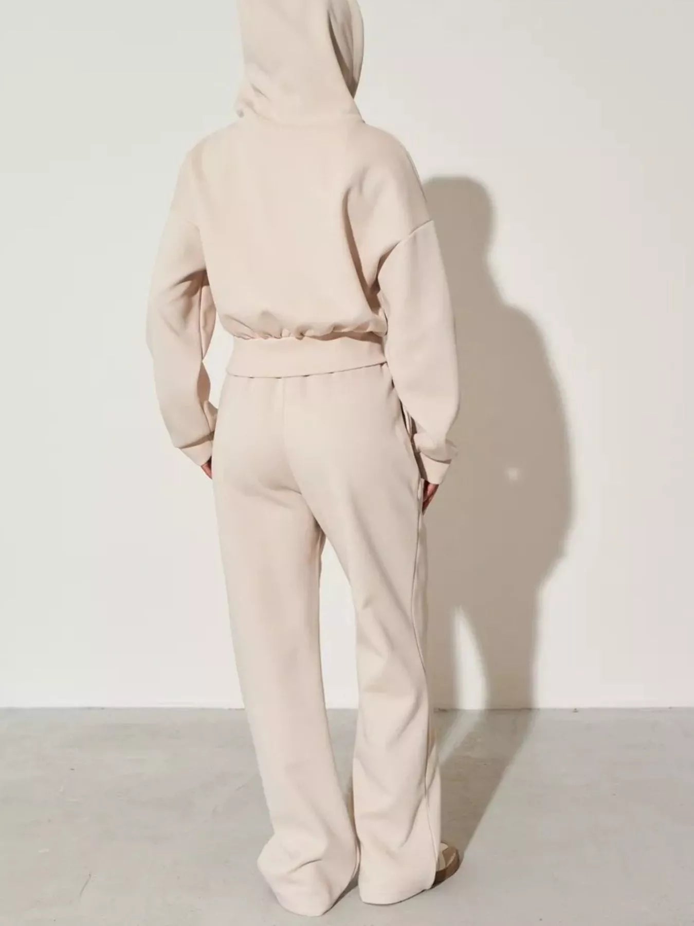 Light apricot hoodie and wide-leg pants set, back view, drawstring waistband