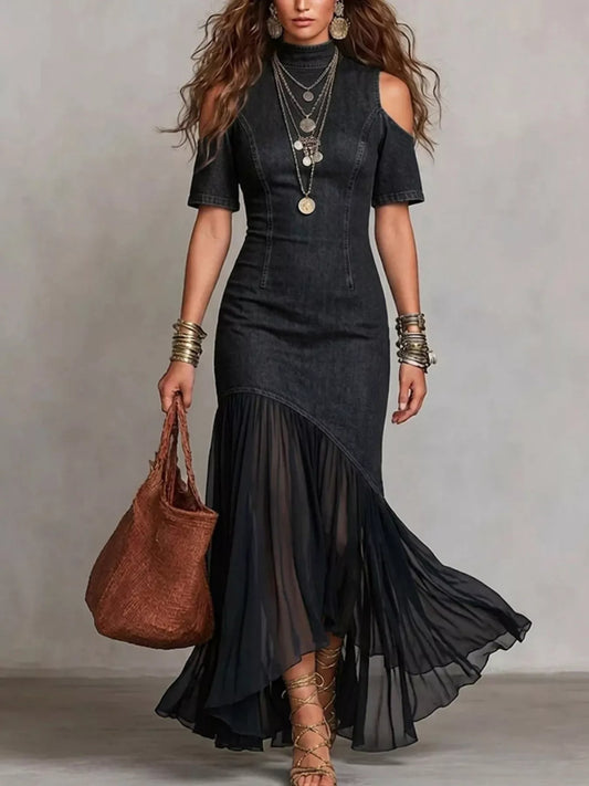 Black denim maxi dress with cold-shoulder cutouts and tiered ruffle skirt