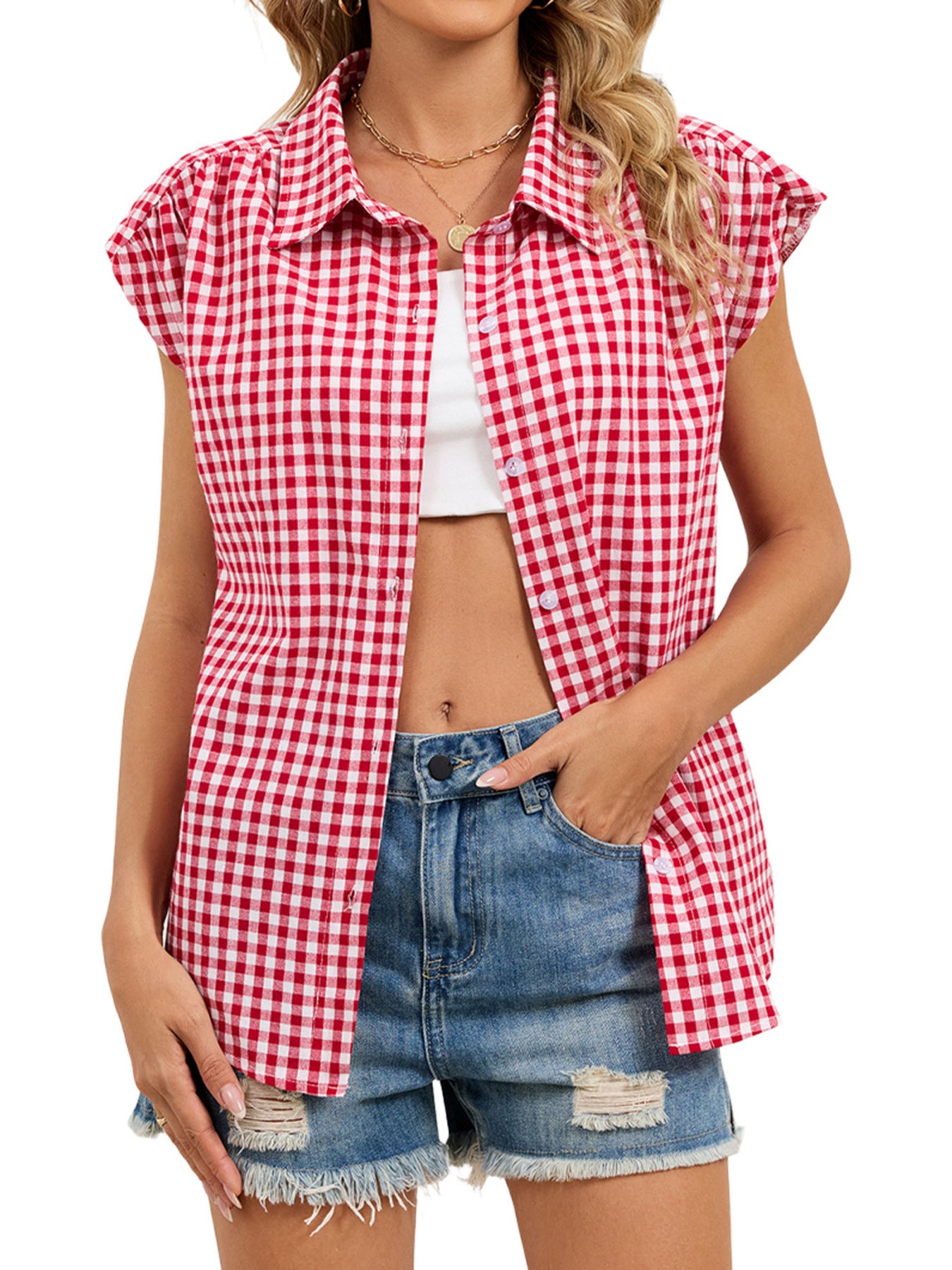 Red and white plaid button-up cap sleeve shirt with collar and front buttons