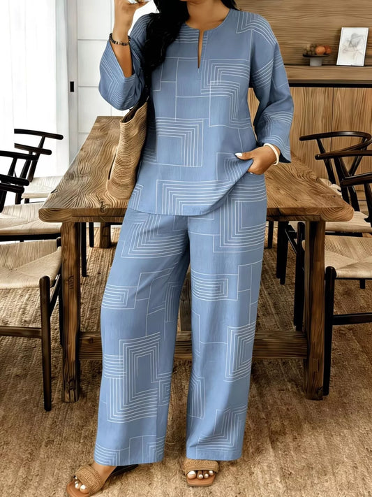 Light blue geometric print relaxed-fit top and wide-leg pants set