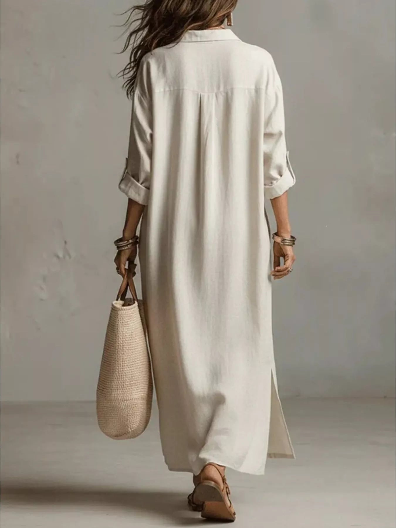 Back view cream midi shirt dress with short sleeves and loose gathered yoke