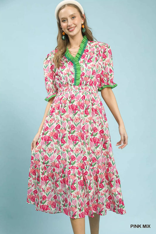 Floral ruffle-trim tiered midi dress in pink mix, green neckline and puff sleeves