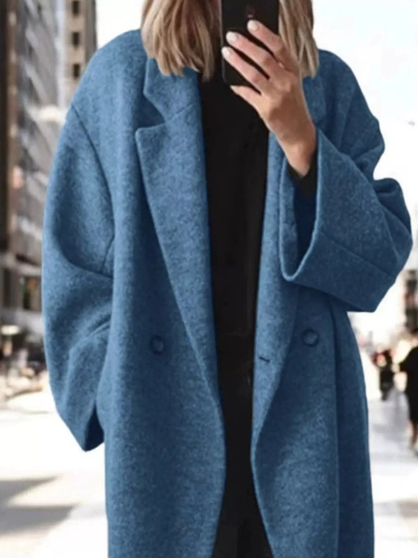 Slate blue longline wool-blend coat with notch lapels and buttoned double-breasted front