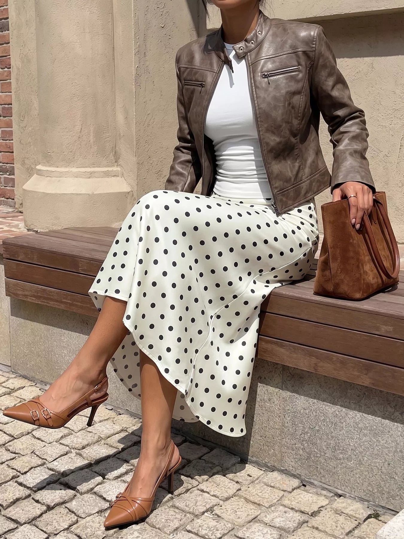 Cream polka dot midi skirt with black dots, pleat-like fullness and skirt length to mid-calf