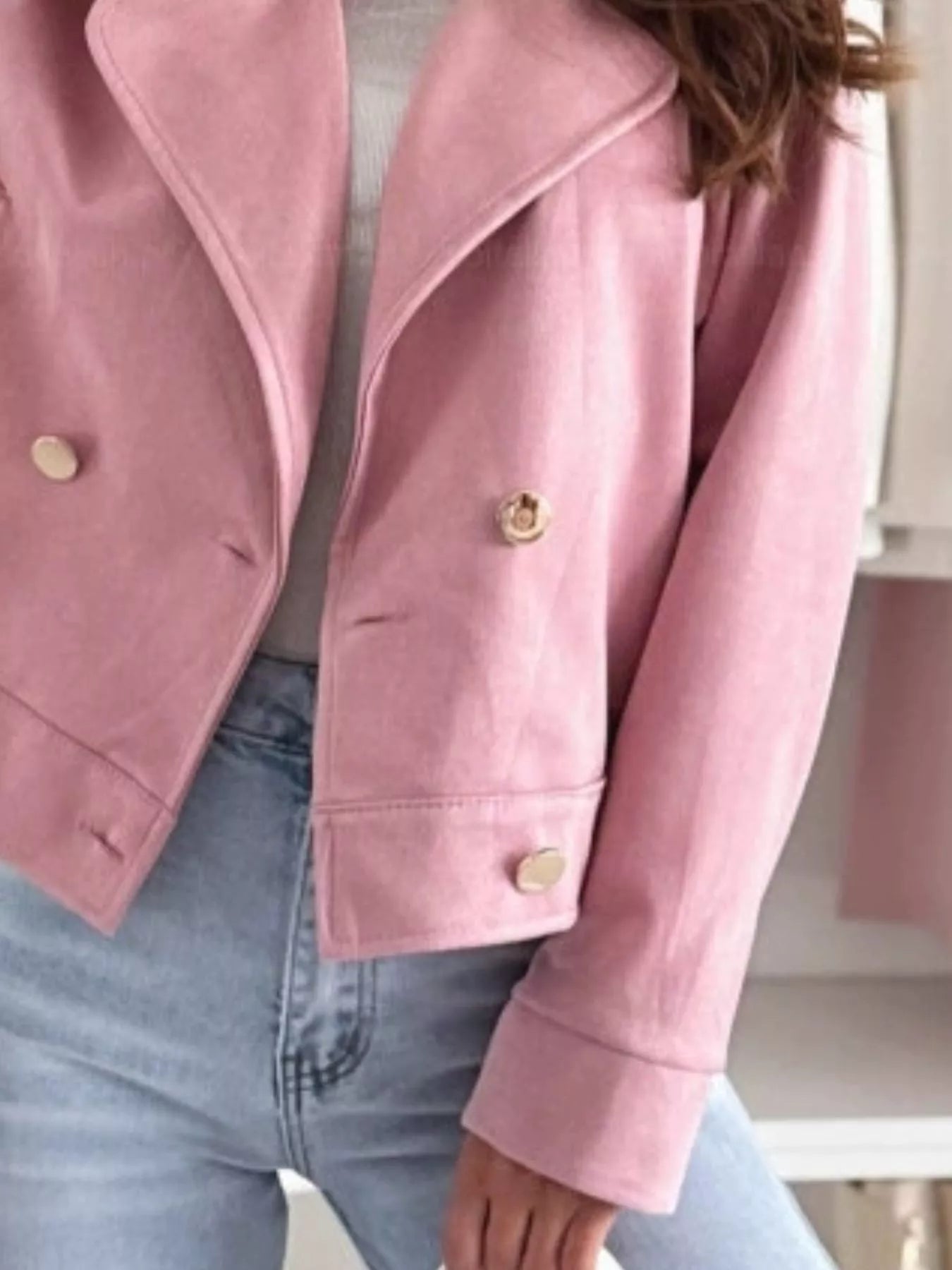 Dusty pink double-breasted cropped jacket with stand collar, gold buttons, long sleeves
