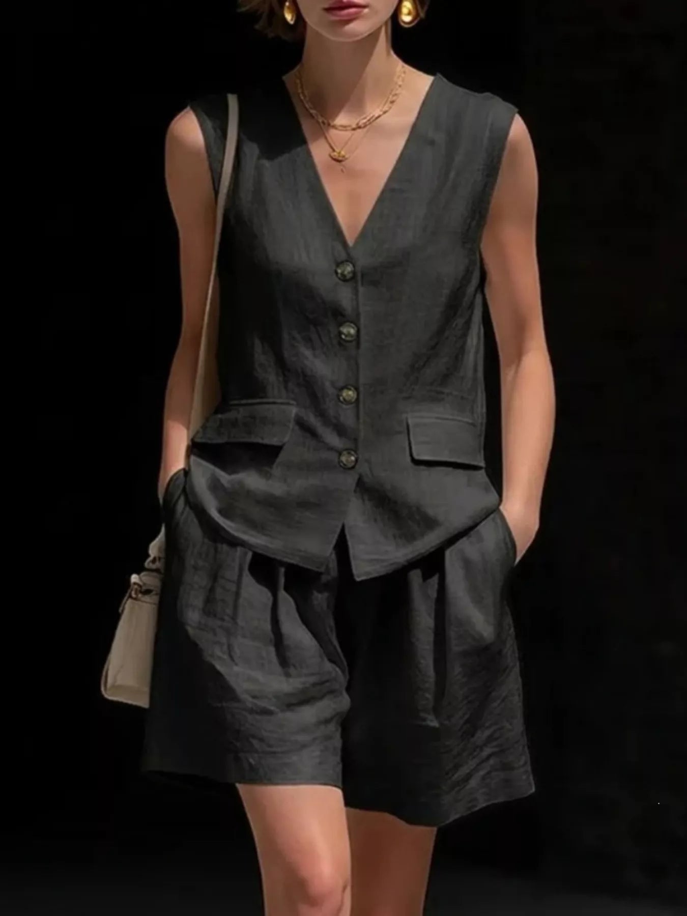 Black linen-look sleeveless vest and shorts set, V-neck button front, patch pockets