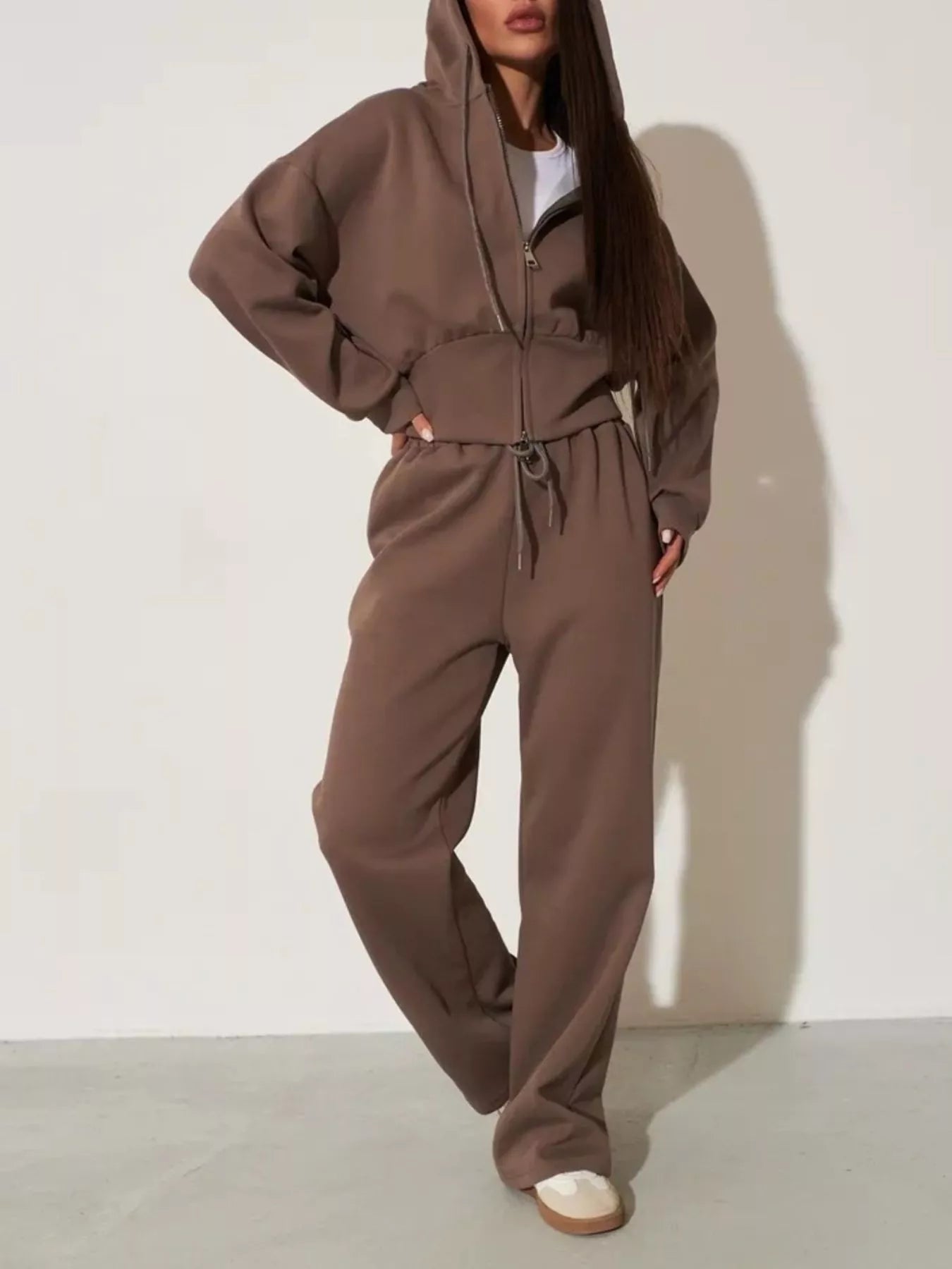 Brown zip-up hoodie and wide-leg pants set with hood, front zipper, drawstring waist