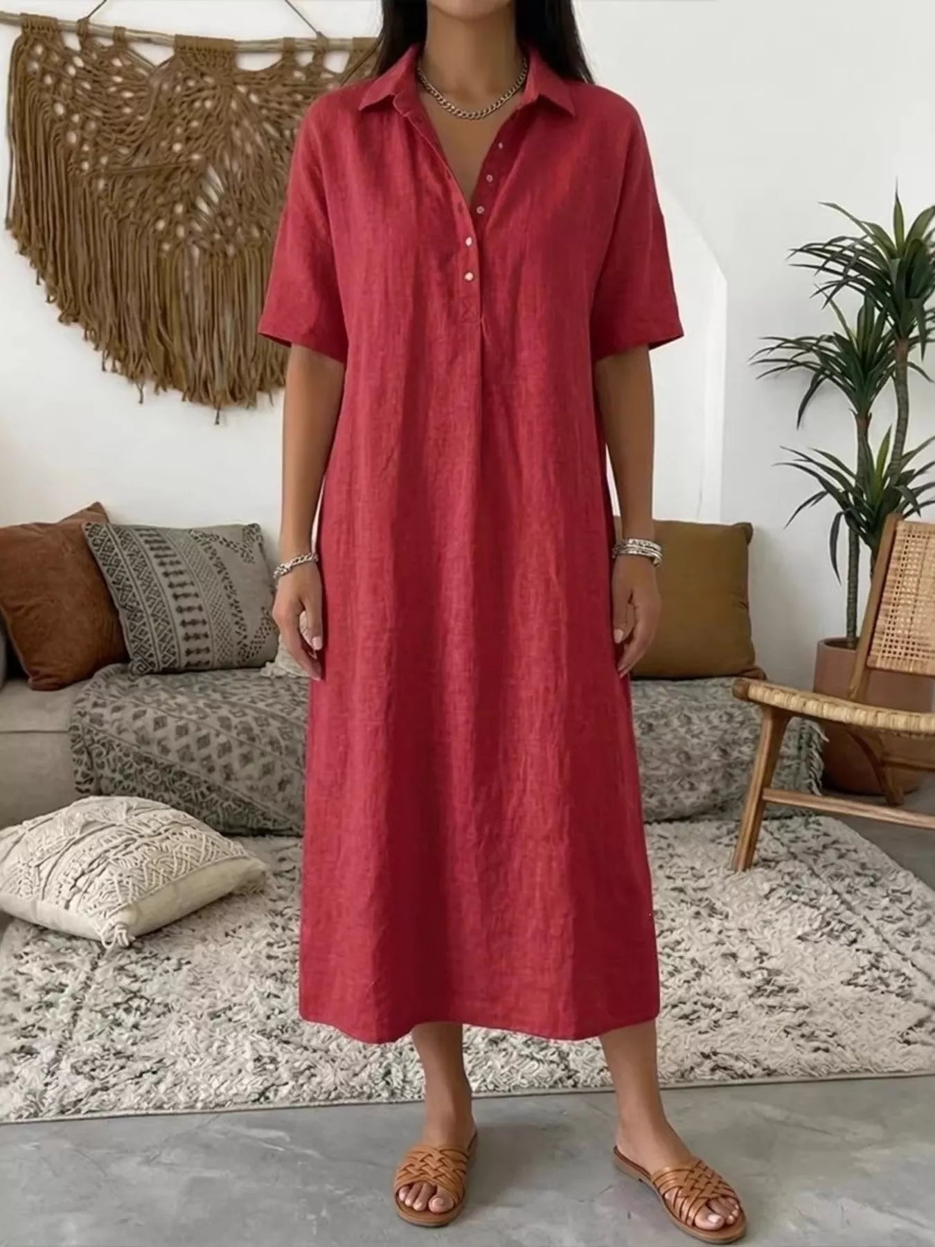Red plus-size collared button-front midi dress with short sleeves