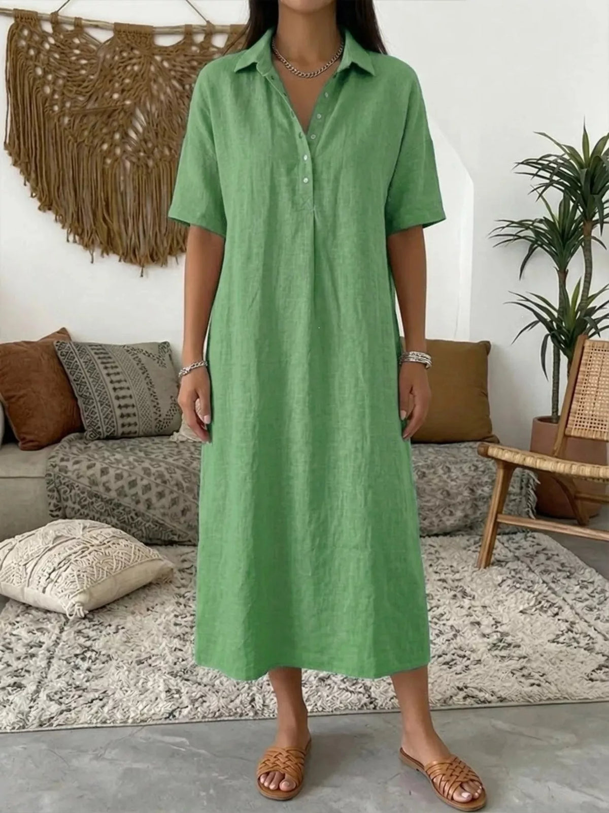 Green plus-size collared button-front midi dress with short sleeves