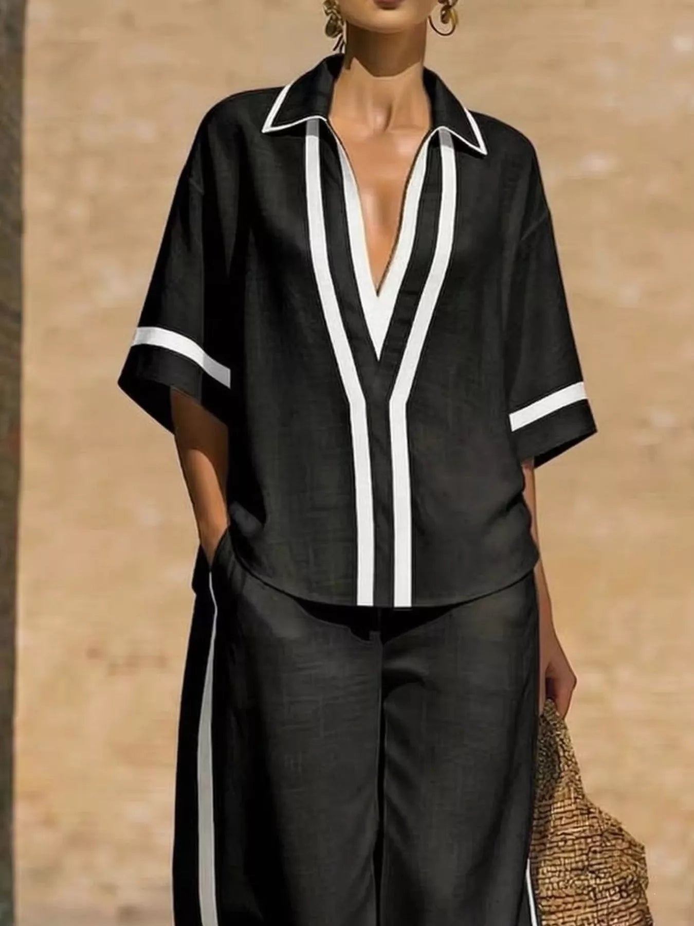 Plus-size contrast-trim short-sleeve top and matching pants set, black with white trim lines