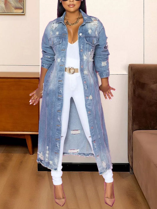 Blue long-sleeve denim jacket with raw hem, button front, and distressed patches